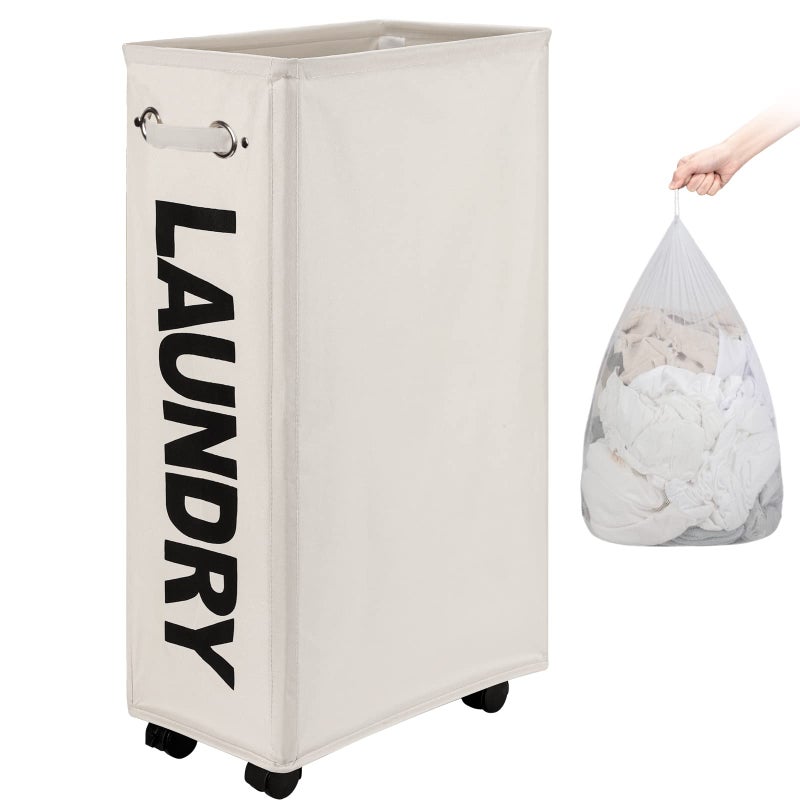 DOKEHOM 29-Inches Enlarged Slim Laundry Basket with Removable Wash Bag on Wheels, Collapsible Rolling Laundry Hamper, Foldable Narrow Corner Clothes Storage Bins (Beige) - Image 1