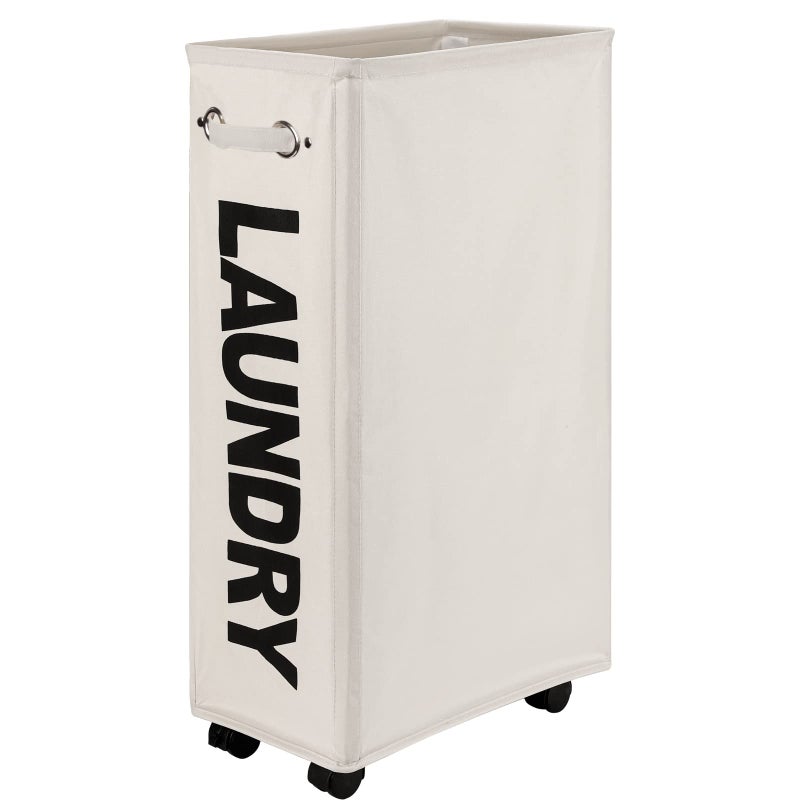 DOKEHOM 29-Inches Enlarged Slim Laundry Basket with Removable Wash Bag on Wheels, Collapsible Rolling Laundry Hamper, Foldable Narrow Corner Clothes Storage Bins (Beige) - Image 4