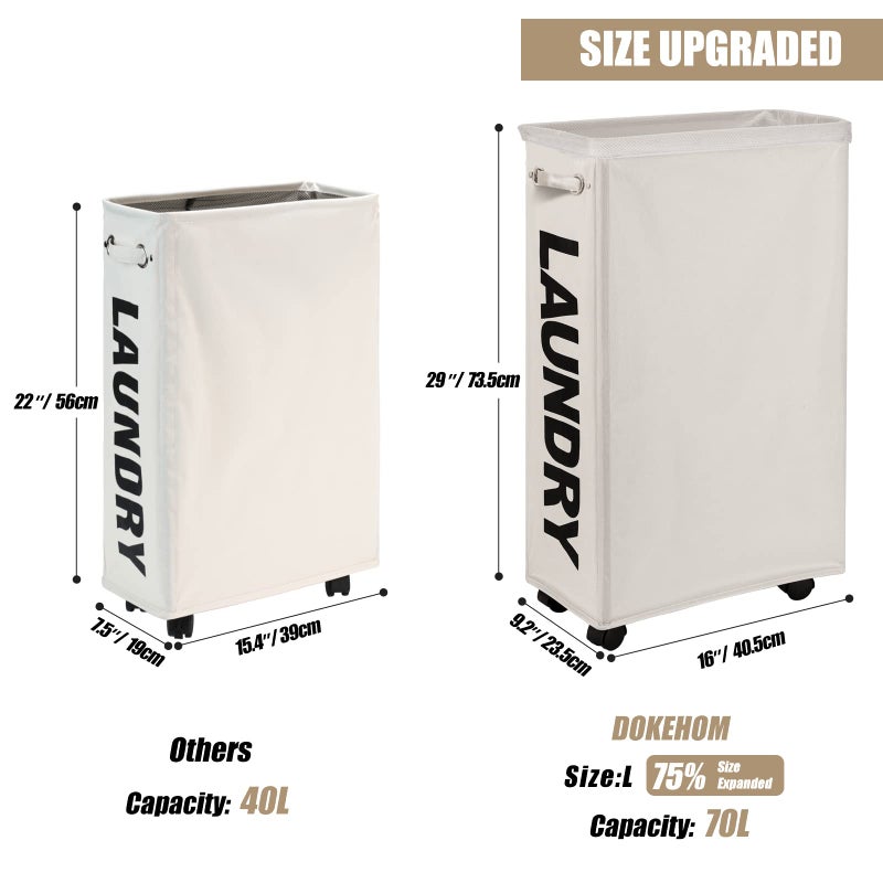DOKEHOM 29-Inches Enlarged Slim Laundry Basket with Removable Wash Bag on Wheels, Collapsible Rolling Laundry Hamper, Foldable Narrow Corner Clothes Storage Bins (Beige) - Image 3