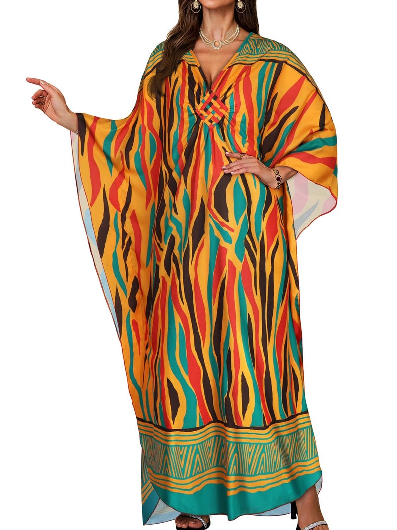 JILUVIN Kaftan Dresses for Women Plus Size V Neck Caftans Long Batwing Sleeve Beach Cover Ups Summer Floral Print Dress (Green Red Stripes,One Size)