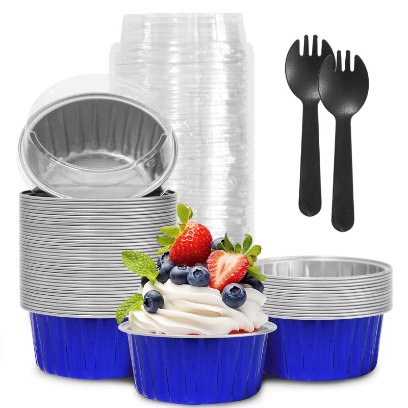 YOIYINI 4th of July 50Pcs Mini Aluminum Foil Cupcake Baking Cups,5oz Mini Cake Pans Disposable, Loaf Pans with Lids,Disposable Ramekins,Tin Cups Containers for Cupcake,Pudding,Muffin(50, Blue) - Image 1