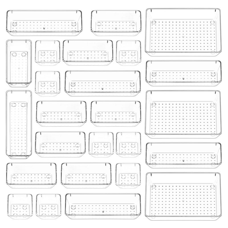 Versatile Modular Drawer Organizer Trays for Custom Layouts, a Multi-Purpose Interlocking Storage System for Home, Office, and Vanity Use - 25 Piece Set - Clear - Image 1