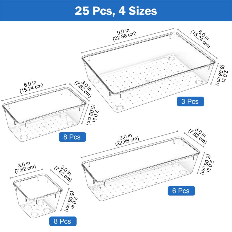 Versatile Modular Drawer Organizer Trays for Custom Layouts, a Multi-Purpose Interlocking Storage System for Home, Office, and Vanity Use - 25 Piece Set - Clear - Image 2