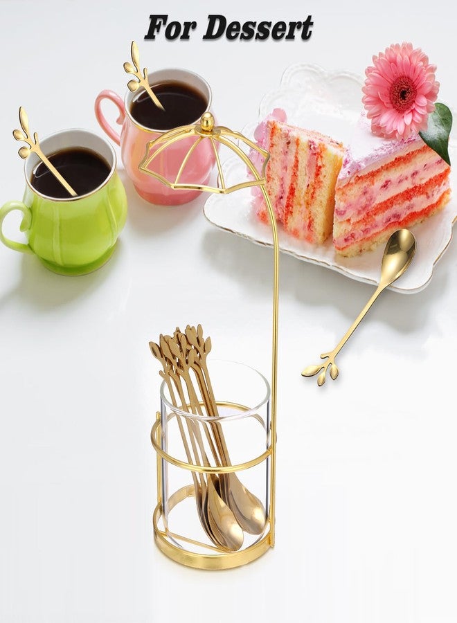 ELLDOO Coffee Spoon Set, Clear Glass Holder with 8 Stainless Steel Gold Leaf Coffee Spoons, Creative Flatware Set for Stirring, Mixing, Sugar, Ice Cream, Cake (8 x Spoons, Umbrella Shaped) - Image 5