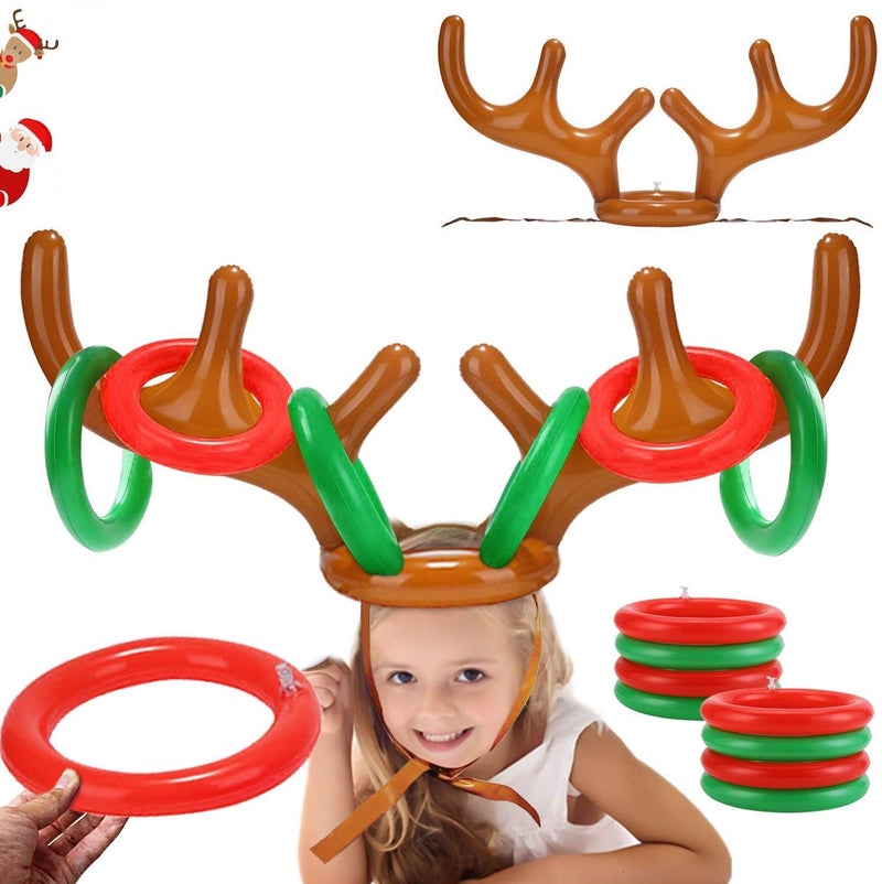 LEDeng 2PCS Christmas Party Toss Game Inflatable Reindeer Antler Hat with Rings for Kids Adults Family Xmas Fun Games(1 Pump，8 Rings, 2 Antlers) - Image 1