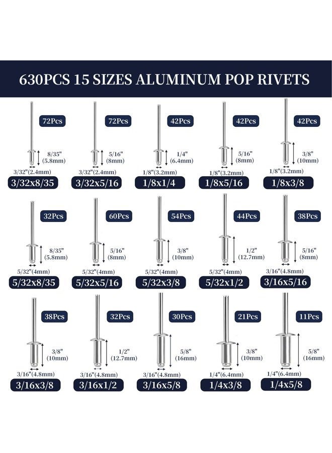 ZQZ 630Pcs Aluminum Pop Rivets Assortment Kit, 15 Sizes Silver Rivets with 3/32" 1/8" 5/32" 3/16" 1/4" Blind Rivets, Assorted Pop Rivet Set for Metal, Automotive - Image 2