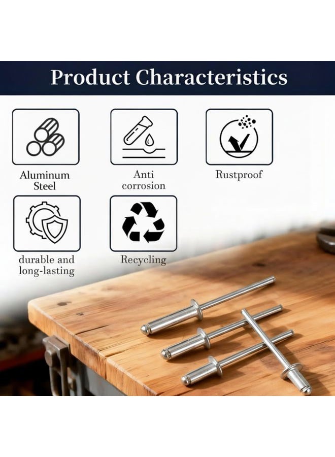 ZQZ 630Pcs Aluminum Pop Rivets Assortment Kit, 15 Sizes Silver Rivets with 3/32" 1/8" 5/32" 3/16" 1/4" Blind Rivets, Assorted Pop Rivet Set for Metal, Automotive - Image 4