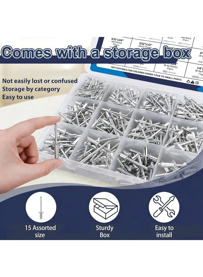 ZQZ 630Pcs Aluminum Pop Rivets Assortment Kit, 15 Sizes Silver Rivets with 3/32" 1/8" 5/32" 3/16" 1/4" Blind Rivets, Assorted Pop Rivet Set for Metal, Automotive - Image 5