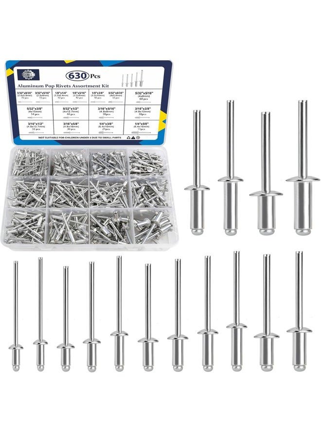 ZQZ 630Pcs Aluminum Pop Rivets Assortment Kit, 15 Sizes Silver Rivets with 3/32" 1/8" 5/32" 3/16" 1/4" Blind Rivets, Assorted Pop Rivet Set for Metal, Automotive - Image 1