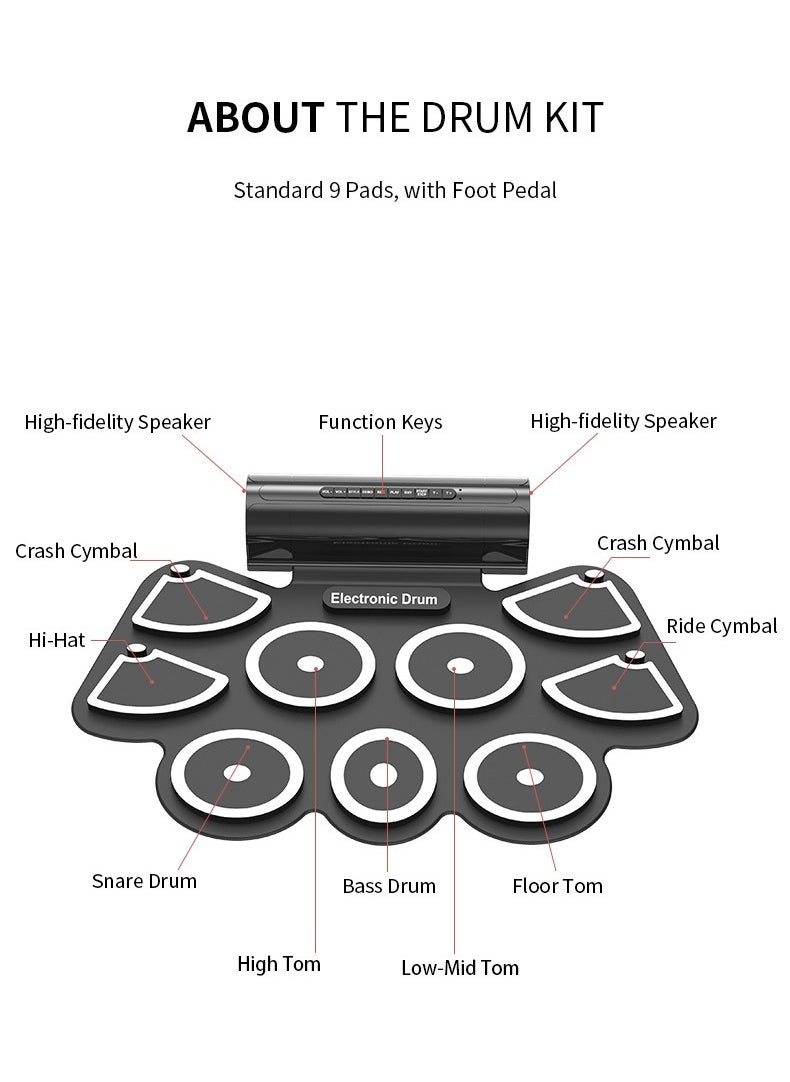Generic - Electronic Drum Set for Kids & Adults, 9 Pads Roll Up Electric Drum Kit,2 Built-in Speaker, Headphone Jack, Portable Digital Midi Practice Drum Pad for Kids Beginners - Image 1