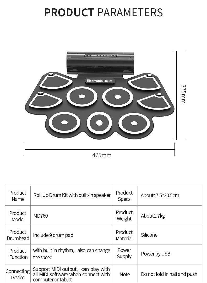 Generic - Electronic Drum Set for Kids & Adults, 9 Pads Roll Up Electric Drum Kit,2 Built-in Speaker, Headphone Jack, Portable Digital Midi Practice Drum Pad for Kids Beginners - Image 1