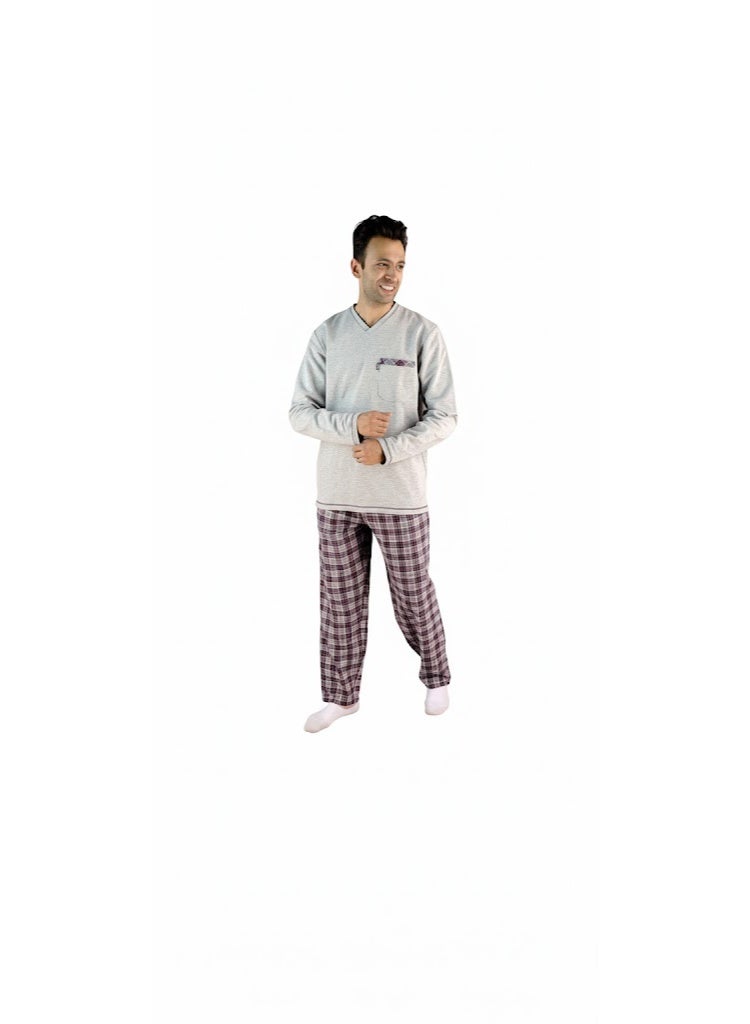 Men Winter Pajama Set Long Sleeve & Carreau Bottom-Grey