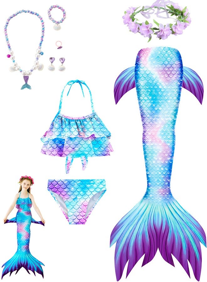 VUCATIN Mermaid Princess Dress up Girls Mermaid Dress Mermaid Swimsuit Girls Party Cosplay Princess Birthday Dress Kids Costume Cosplay Mermaid Skirt Accessorized Wreath Necklace Earrings and Bracelet (GB65) - Image 1