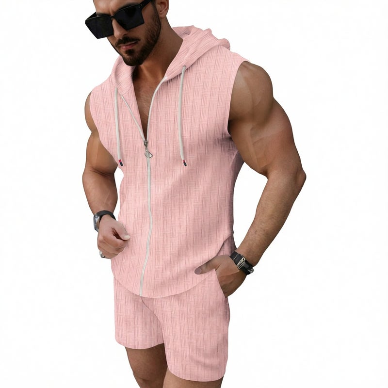 تيشرت هودي بسحاب وشورت رجالي طقم قطعتين - Image 1
