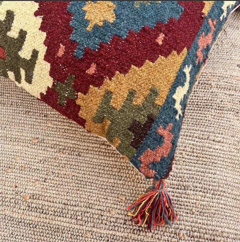 Peachy Perx Boho HandWoven Kilim Cushion Cover with Tassels 18x18 Without Filler - Image 2