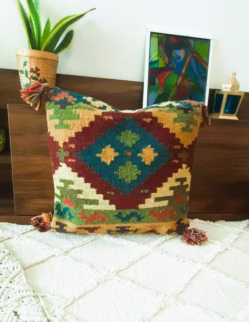 Peachy Perx Boho HandWoven Kilim Cushion Cover with Tassels 18x18 Without Filler - Image 3