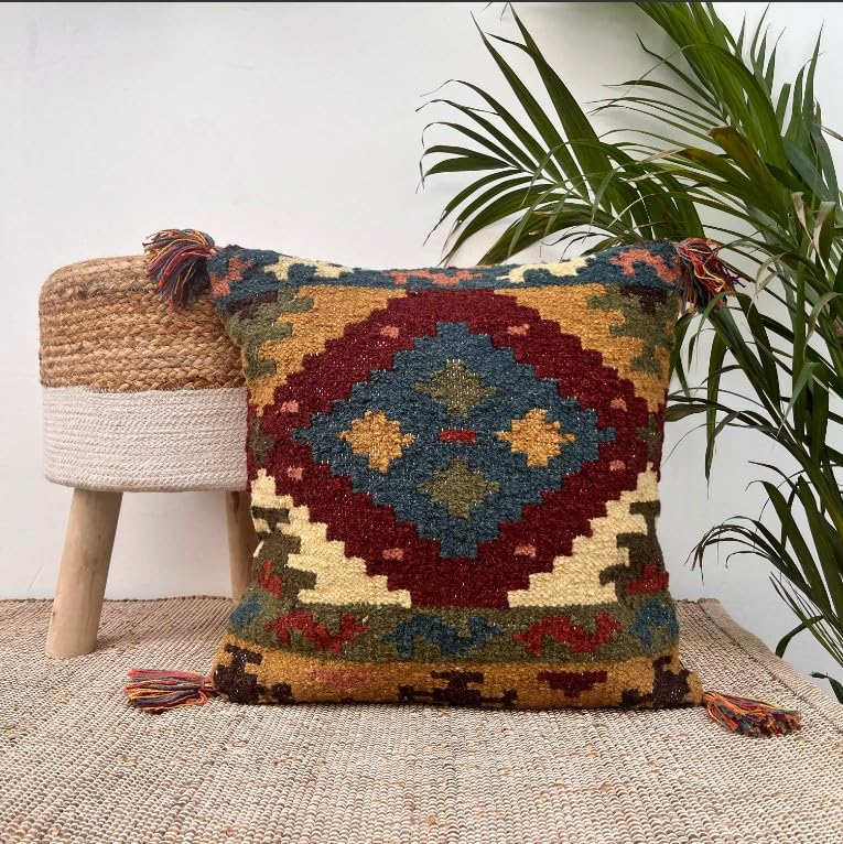 Peachy Perx Boho HandWoven Kilim Cushion Cover with Tassels 18x18 Without Filler - Image 1