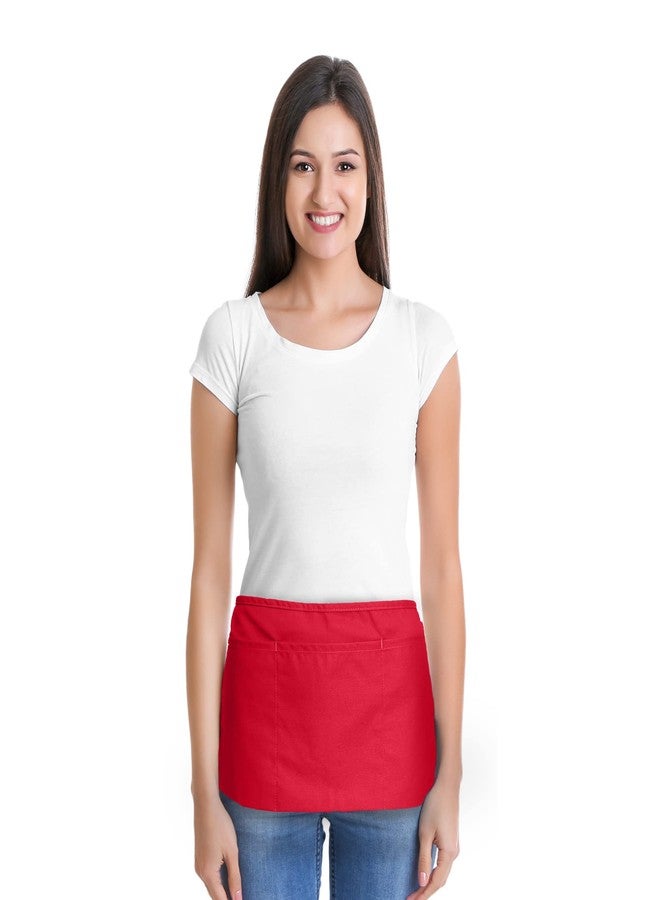 DALIX Waist Aprons Commercial Restaurant Home Bib Spun Poly Cotton Kitchen (3 Pockets) in Red - Image 2