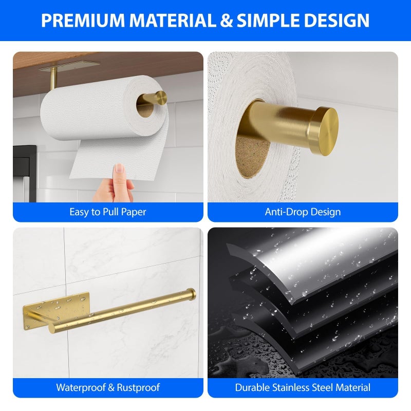 CHIKESI Paper Towel Holder Under Cabinet, Self-Adhesive,No Drilling, Stainless Steel, Wall-Mounted for Kitchen and Bathroom, Easy Install, Durable, Space-Saving, Ideal for Home, RV (Gold, 1 Pack) - Image 3