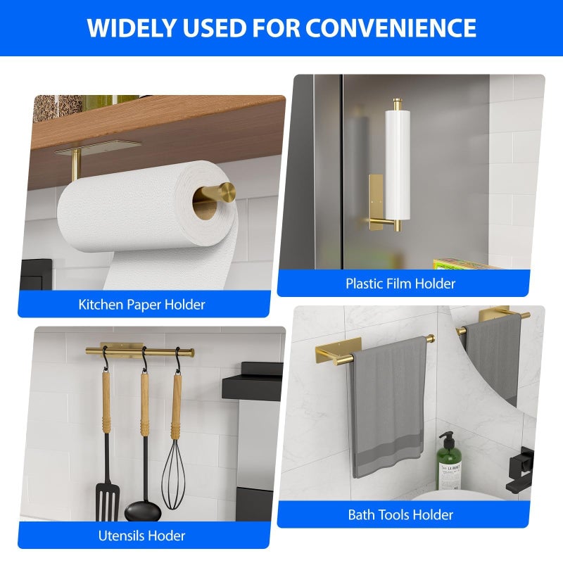 CHIKESI Paper Towel Holder Under Cabinet, Self-Adhesive,No Drilling, Stainless Steel, Wall-Mounted for Kitchen and Bathroom, Easy Install, Durable, Space-Saving, Ideal for Home, RV (Gold, 1 Pack) - Image 4