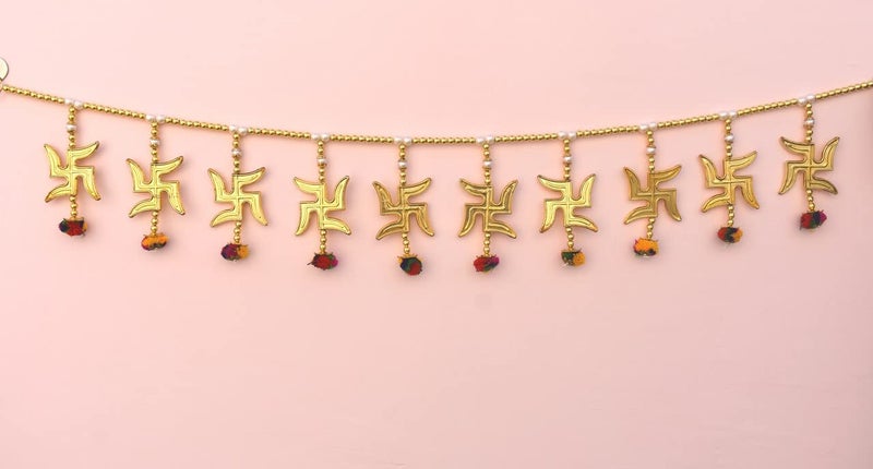 CREYENTESSwastik Thoranam For Entrance Door Latest Design Door Hangings For Home Decoration For Diwali Decoration Items Home Mandir Puja DcorNavratri Onam Pongal Pooja Room 315 Feet Pom Pom Sathiyo - Image 1
