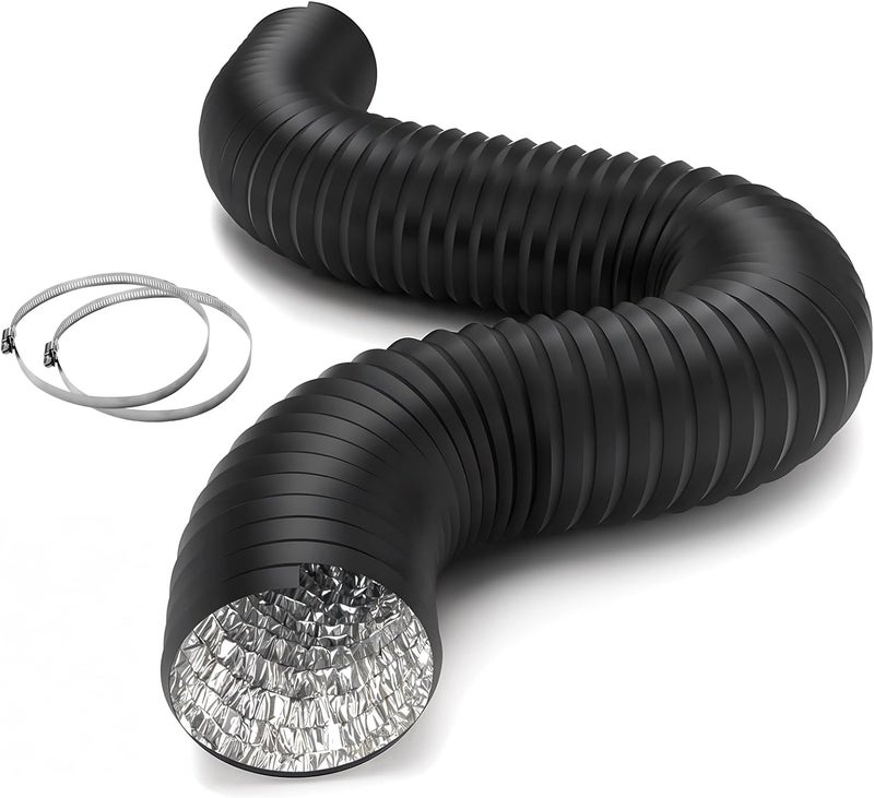 iPower 8 Inch 8 Feet Aluminum Ducting 4 Layer Protection Dryer Vent Hose for HVAC Ventilation and Exhaust with 2 Clamps Black - Image 1