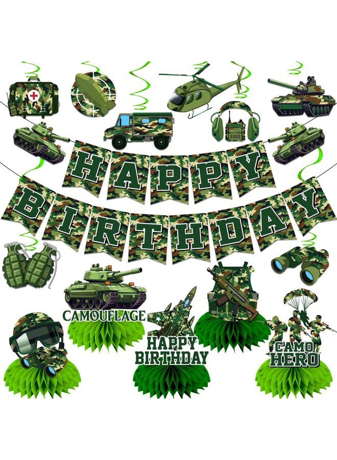 TEMYAXU Camo Birthday Party Decorations, Army Birthday Party Decorations includes Military Party Decorations Banner and Camoflage Birthday Party Decorations Hanging Swirls for Boys Birthday Party Supplies - Image 1