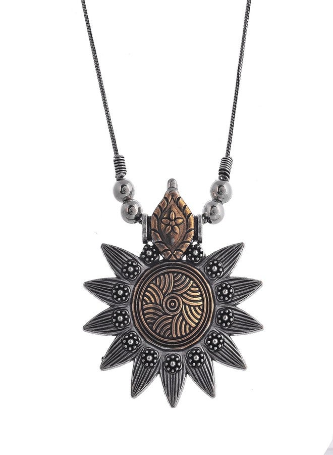Naman Arts Oxidised Dual Tone Sunburst Mandala Pendant Necklace for Women | Antique Blue Stone Accents | Pure Brass Lightweight Ethnic Boho Chain Necklace - Image 1