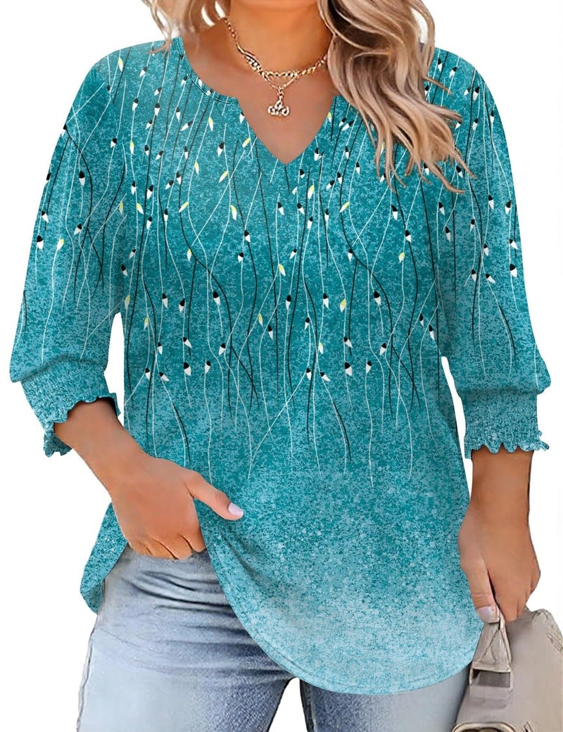Rapbin Plus Size Tunic Tops for Women Dressy 3/4 Three Quarter Sleeve 2025 Ladies Peasant Blouse to Hide Tummy (Blue Green Floral 3XL) - Image 1