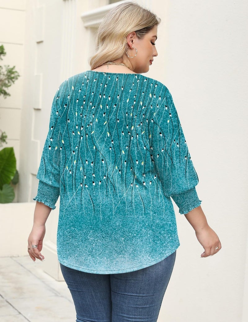 Rapbin Plus Size Tunic Tops for Women Dressy 3/4 Three Quarter Sleeve 2025 Ladies Peasant Blouse to Hide Tummy (Blue Green Floral 3XL) - Image 4