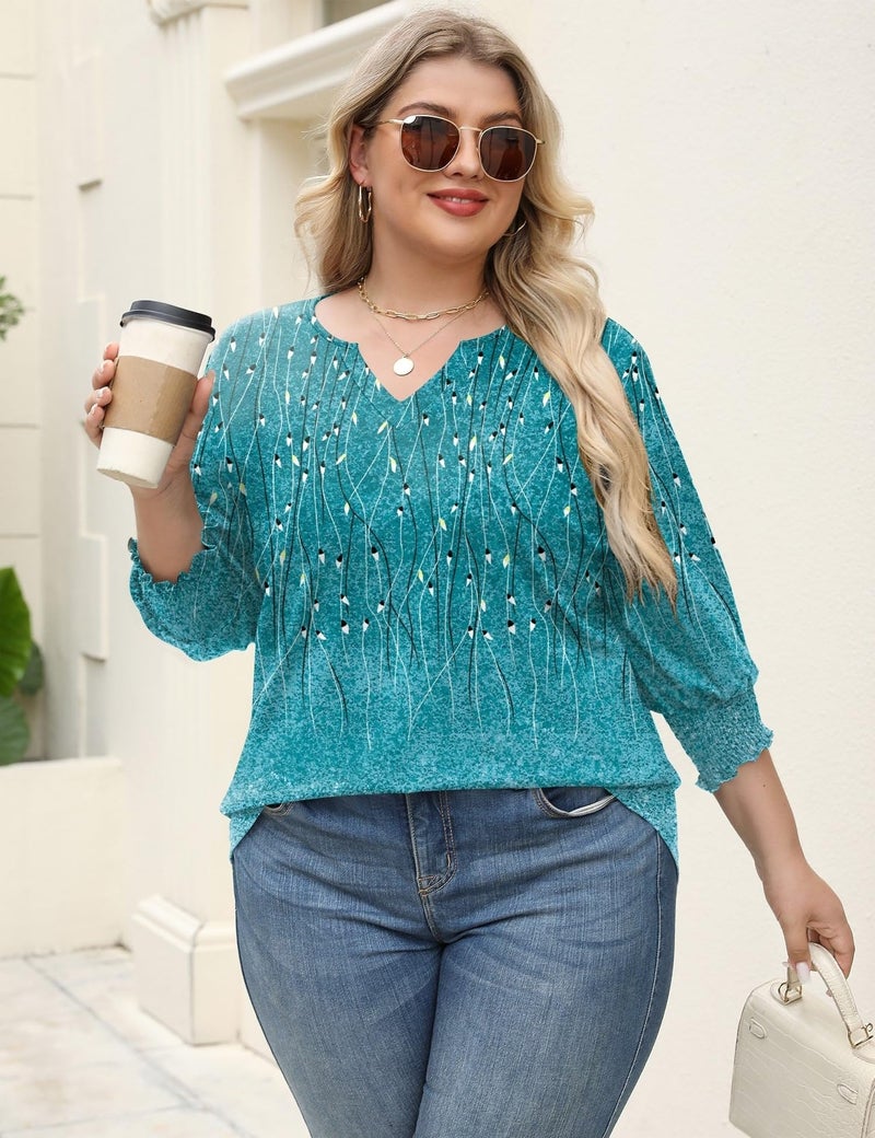 Rapbin Plus Size Tunic Tops for Women Dressy 3/4 Three Quarter Sleeve 2025 Ladies Peasant Blouse to Hide Tummy (Blue Green Floral 3XL) - Image 3