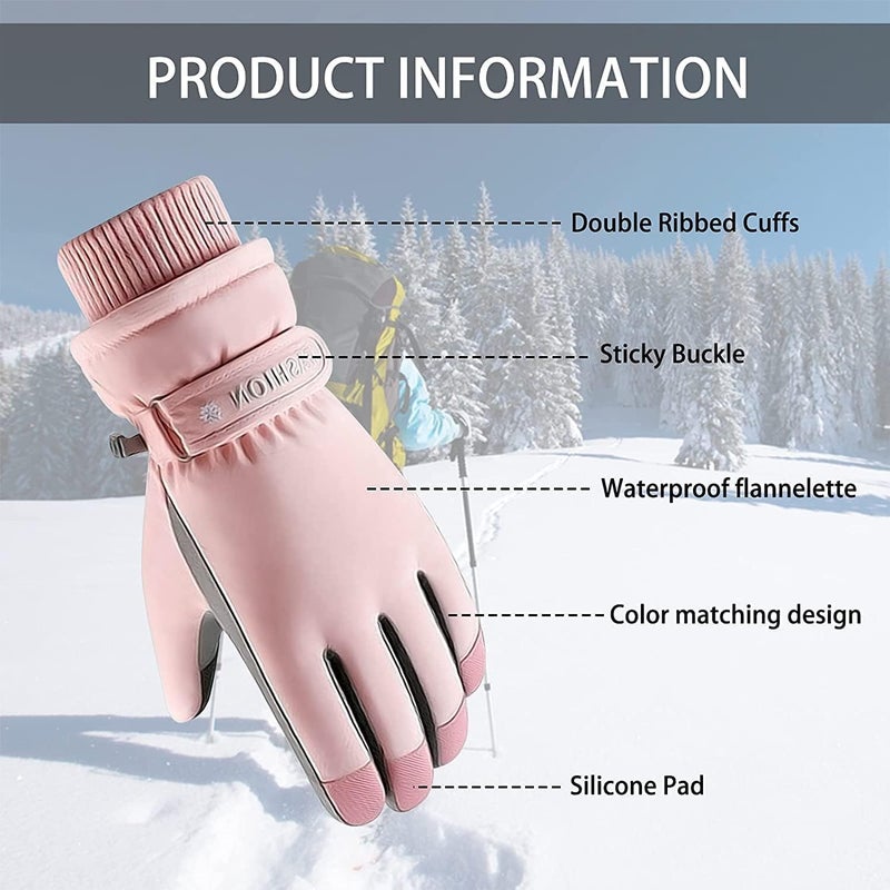 HZYH Women Winter Ski Gloves, Waterproof Windproof Snow Gloves with Touchscreen Fingers, Warm Pink Black Snowboard Gloves for Outdoor Sports, One  Size - Image 3