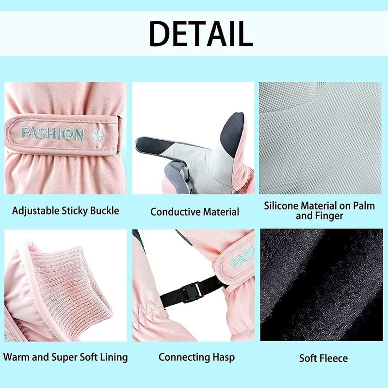 HZYH Women Winter Ski Gloves, Waterproof Windproof Snow Gloves with Touchscreen Fingers, Warm Pink Black Snowboard Gloves for Outdoor Sports, One  Size - Image 5