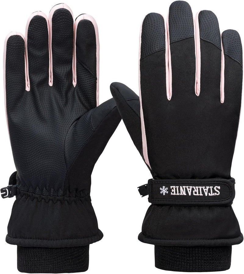 HZYH Women Winter Ski Gloves, Waterproof Windproof Snow Gloves with Touchscreen Fingers, Warm Pink Black Snowboard Gloves for Outdoor Sports, One  Size - Image 1
