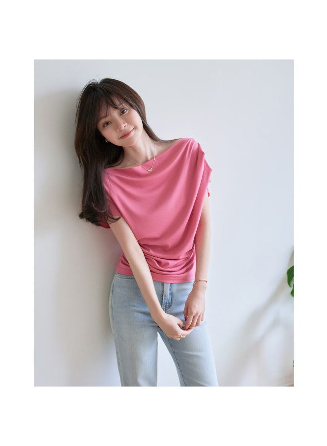 dme Demnasummer French Style Off-shoulder Loose Neck Flying Sleeves High Elastic Comfortable Covering Flesh Women's T-shirt - Image 1