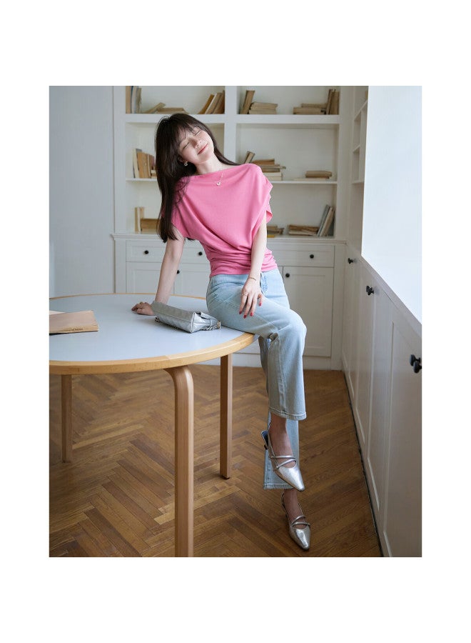 dme Demnasummer French Style Off-shoulder Loose Neck Flying Sleeves High Elastic Comfortable Covering Flesh Women's T-shirt - Image 5