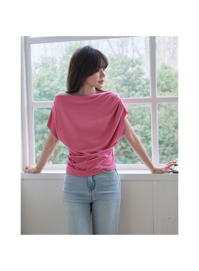 dme Demnasummer French Style Off-shoulder Loose Neck Flying Sleeves High Elastic Comfortable Covering Flesh Women's T-shirt - Image 2