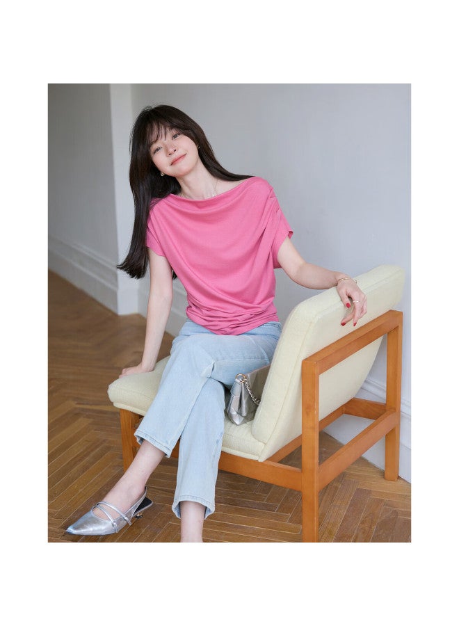 dme Demnasummer French Style Off-shoulder Loose Neck Flying Sleeves High Elastic Comfortable Covering Flesh Women's T-shirt - Image 4