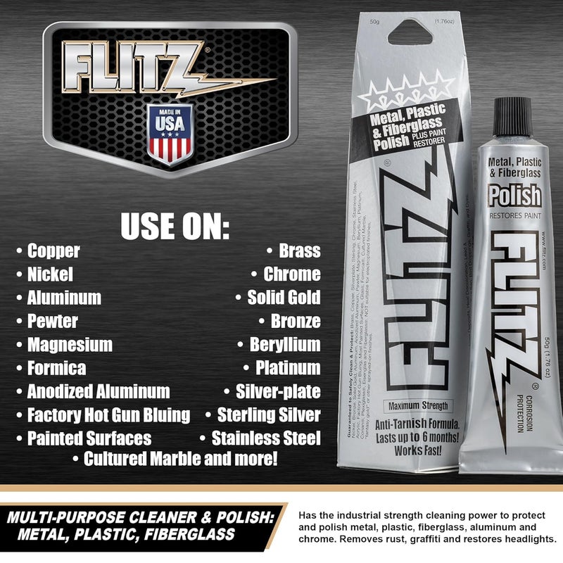 Flitz Multi-Purpose Metal Polish Paste - 1.76oz Tube of USA-Made Chrome Polish - Works on Stainless Steel, Aluminum, Plastic, Jewelry and Cars - Non-Abrasive Cleaner & Rust Remover (1 Pack) - Image 3