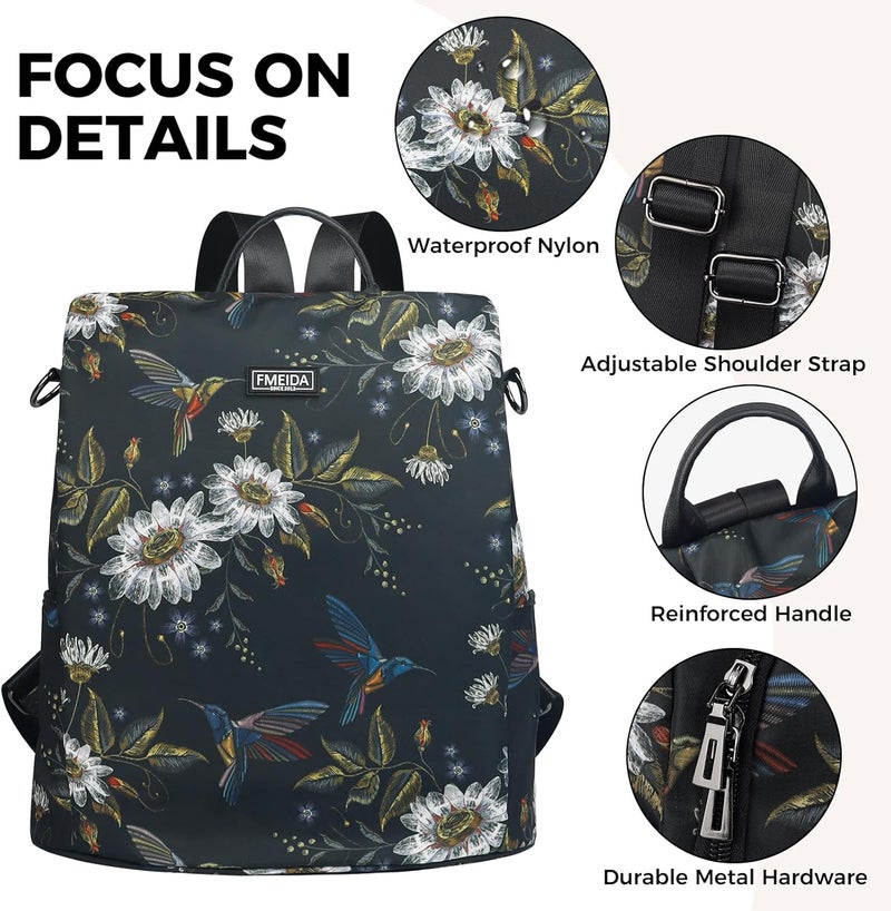 Fmeida Backpack Purse for Women Travel Anti-Theft Backpack Nylon Waterproof Daypack Fashion College Bookbag Cute Hummingbird - Image 5