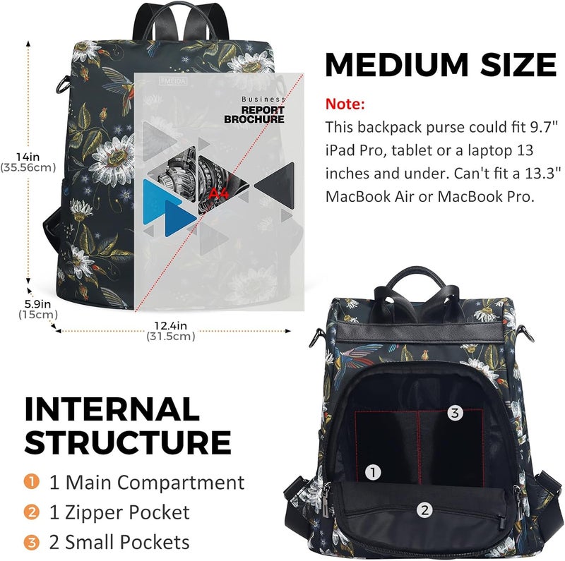 Fmeida Backpack Purse for Women Travel Anti-Theft Backpack Nylon Waterproof Daypack Fashion College Bookbag Cute Hummingbird - Image 2