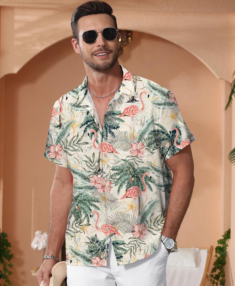 KYKU Hawaiian Shirt for Men: Clothing Short Sleeve Button Flamingos Beige 2XL - Image 2