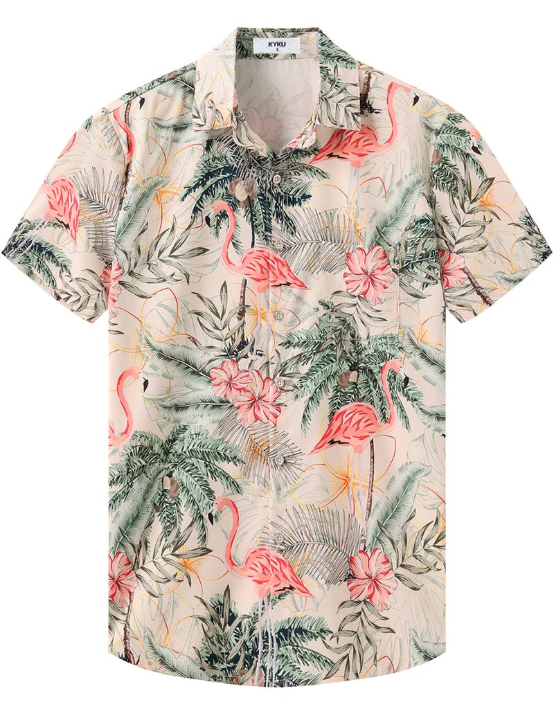 KYKU Hawaiian Shirt for Men: Clothing Short Sleeve Button Flamingos Beige 2XL - Image 1