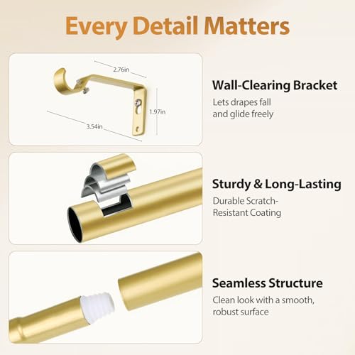 TONIAL Curtain Rods 2 pack, Telescoping Splicing 3/4 Drapery Rod 32 to 86 Inch(2.6 to 7.2 ft), Decorative Single Curtain Rods for Windows with Modern Cap Finial, Antique Gold - Image 4