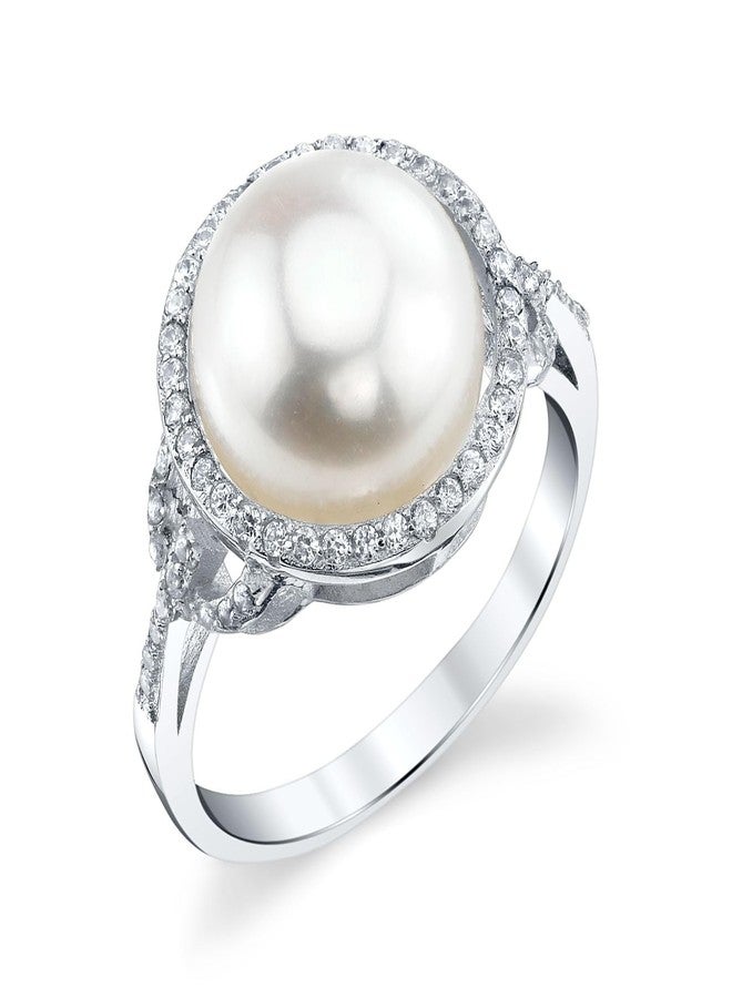 The Pearl Source Freshwater Cultured Pearl Ring for Women with Button Pearl and Cubic Zirconia on Sterling Silver - Image 1