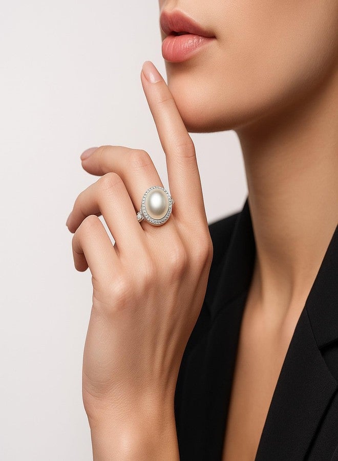 The Pearl Source Freshwater Cultured Pearl Ring for Women with Button Pearl and Cubic Zirconia on Sterling Silver - Image 3
