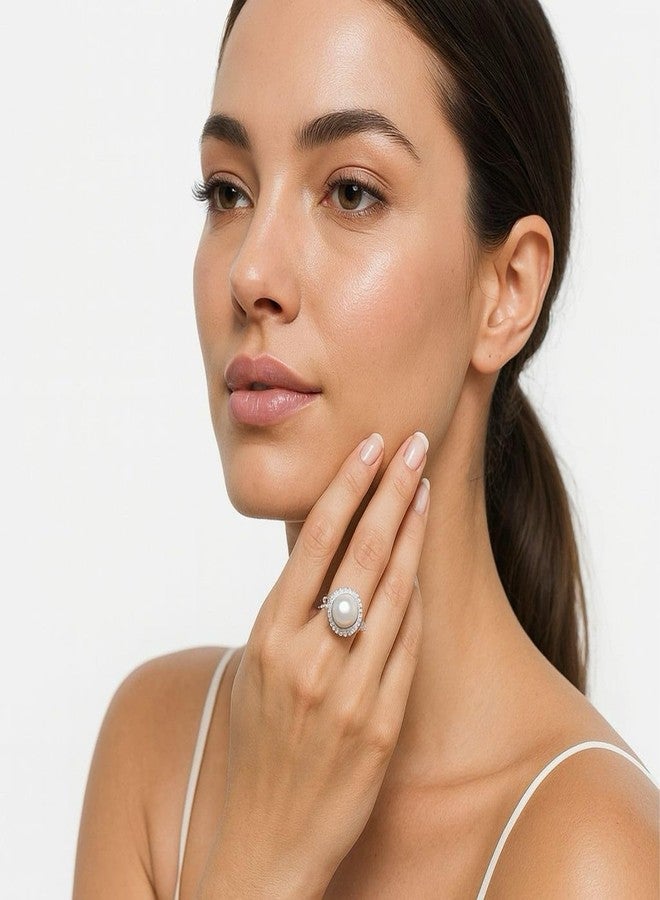 The Pearl Source Freshwater Cultured Pearl Ring for Women with Button Pearl and Cubic Zirconia on Sterling Silver - Image 5