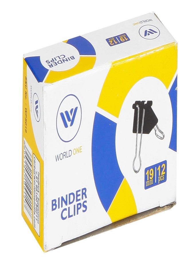 Worldone 19mm Paper Binder Clip for Holding Loose Papers up to 40 Sheet, for Office, Multiple Use in Shops, Home, School, Insitutions, Color Black, Pack of 12 Small Boxes 12 Clips 12x12=144 Clips - Image 1