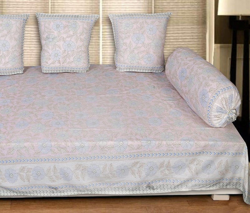 INDHOME LIFE INDHOME LIFE 200 TC Cotton Printed Floral Pattern Blue Diwan Set - Image 2