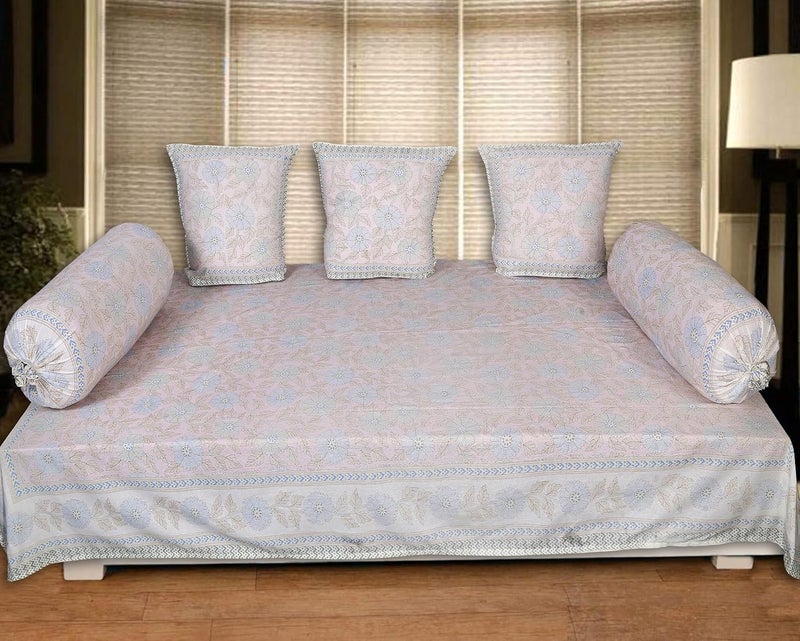 INDHOME LIFE INDHOME LIFE 200 TC Cotton Printed Floral Pattern Blue Diwan Set - Image 1